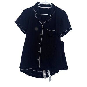 Blis Black Short Sleeve Button-Up Pajama Top With White Piping Trim Size L